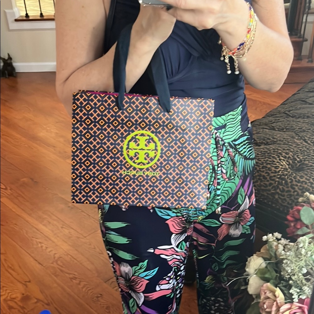 Tory Burch Navy and Gold Geometric Shopper’s Tote Bag with material handles